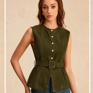 Commense Olive Green Sleeveless Button-Up Vest with Belt size Small NWOT